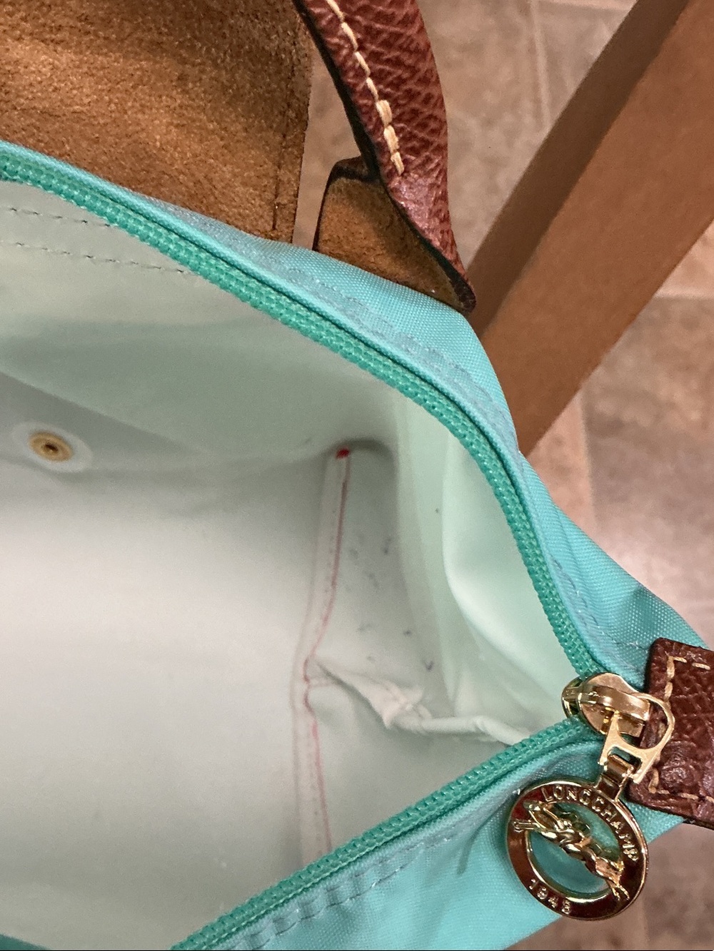 Longchamp Turquoise Nylon Le Pliage Tote with Brown Leather Trim - Picture 11 of 14